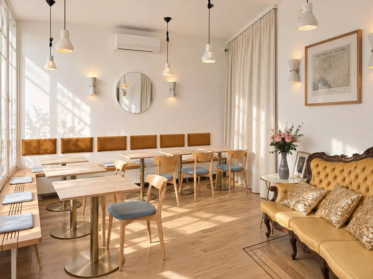 Creative Space mit Samtbank, Messingtischen und Chesterfield-Sofa im Maison Marsil